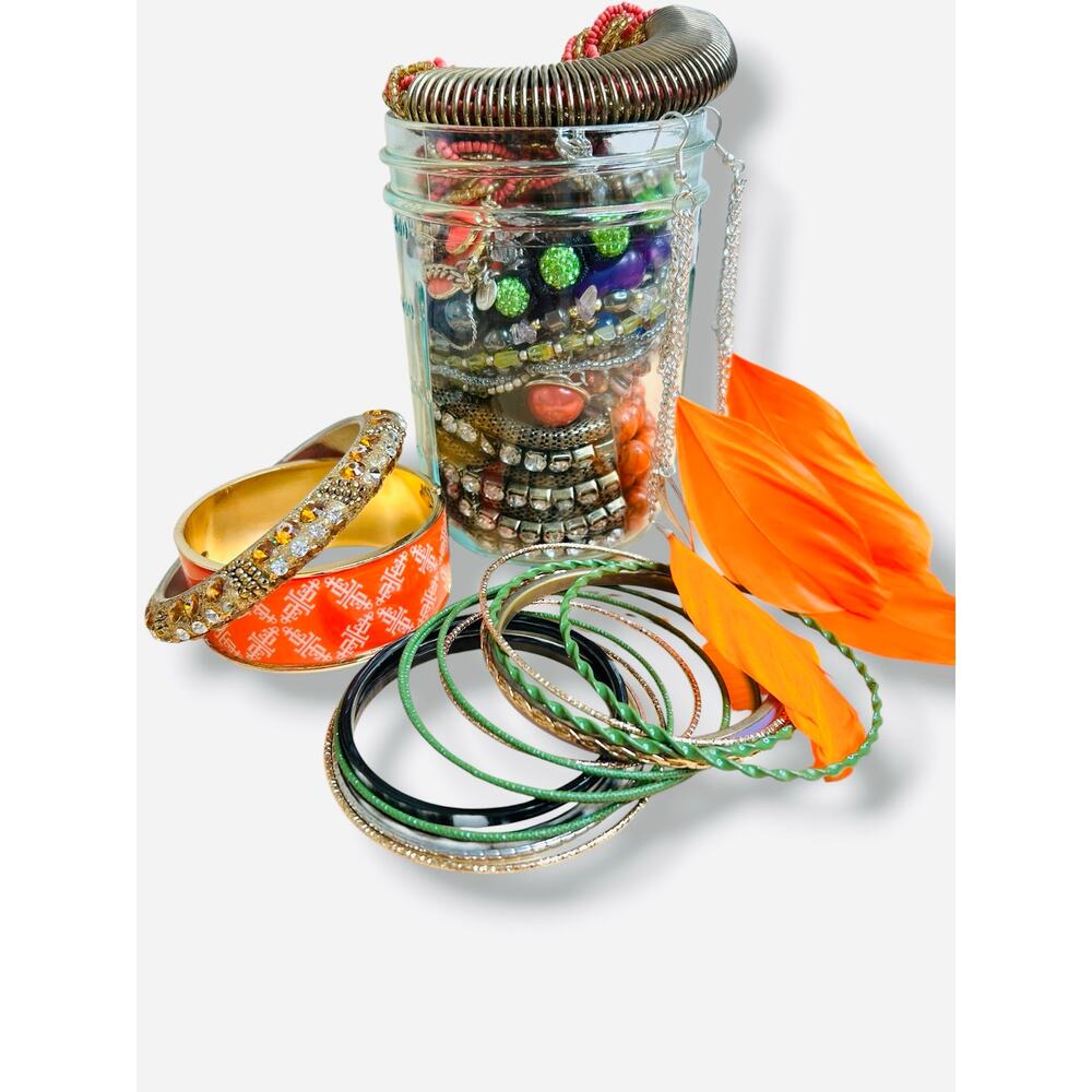 Mixed Jewelry Jar Bright Eclectic Bracelets Necklaces Good Wearable Condition